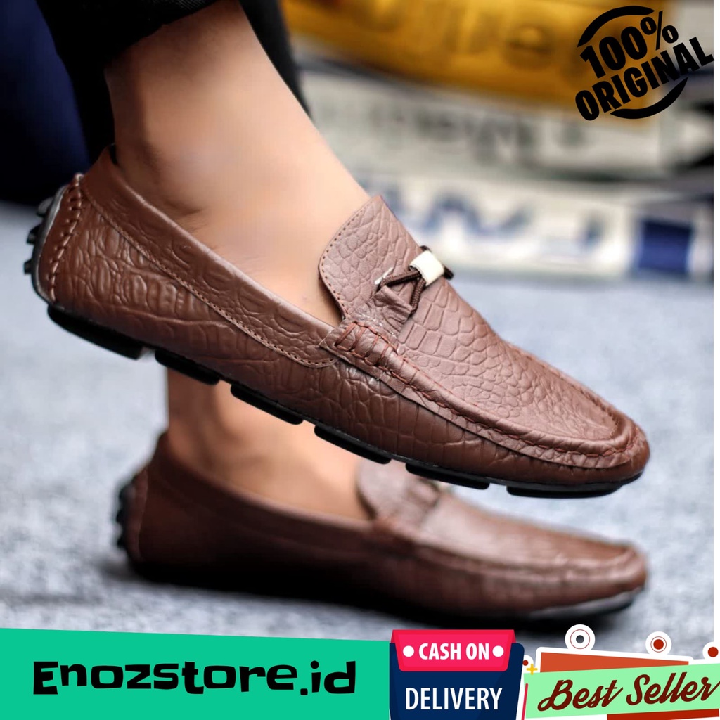 ENOZ X ALEIX - Slip On Formal Kasual Pria Kulit Asli Slop Cowok Original Keren Ringan Nyaman Kuat ORI