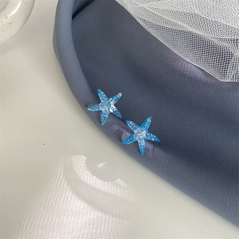 Korea Blue Starfish Earrings Female Small Shiny Earring