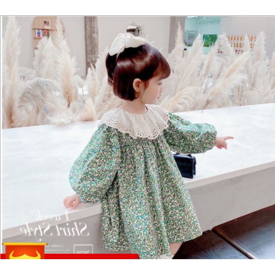 Dress Anak Perempuan Korean Fashion Floral Printed Warna Hijau Gaun