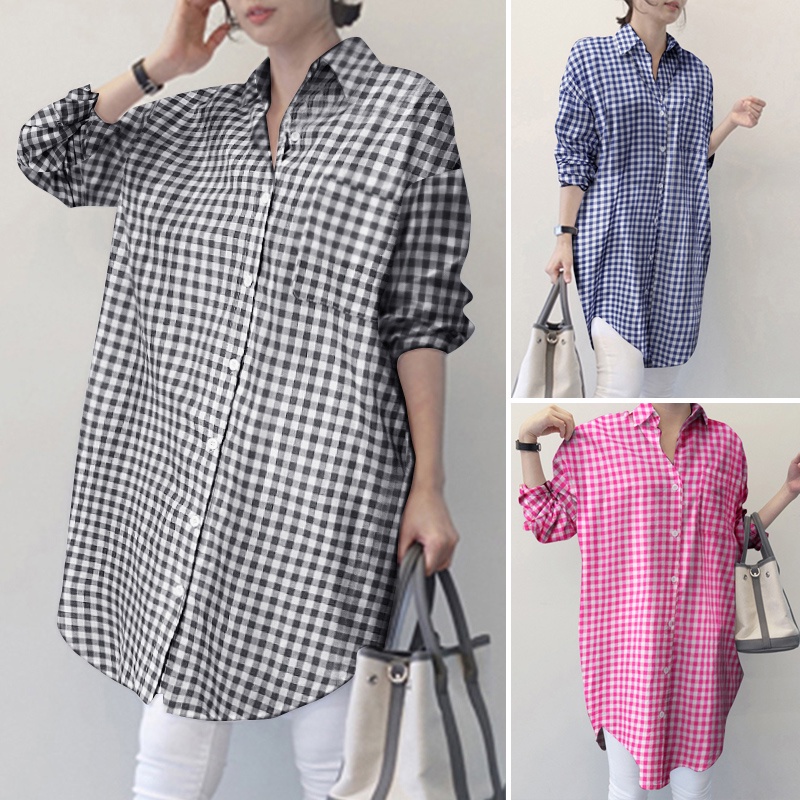 ZANZEA Women Casual Fashion Full Sleeve Turn-Down-Collar Plaid Color Print Long Blouse