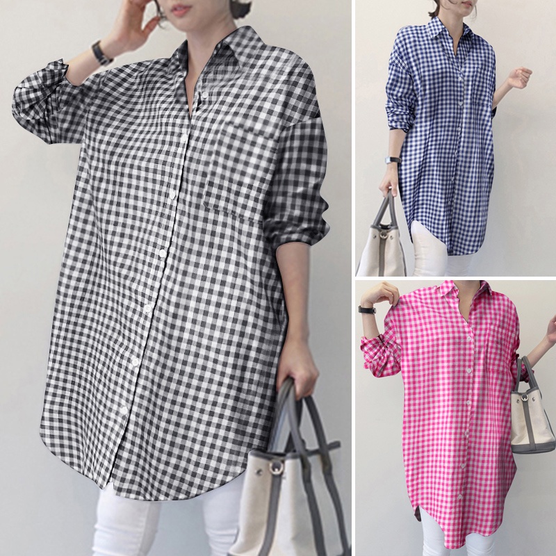 ZANZEA Women Casual Fashion Full Sleeve Turn-Down-Collar Plaid Color Print Long Blouse