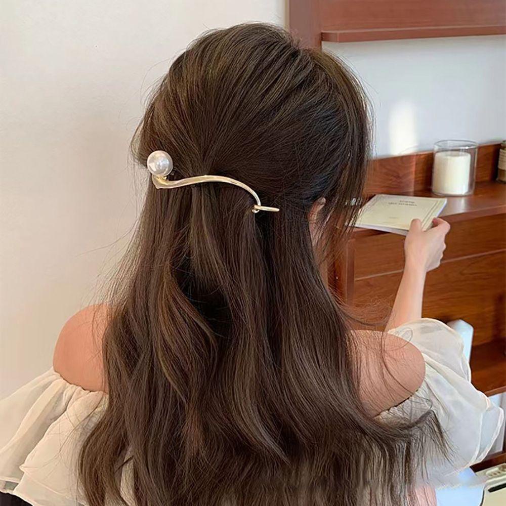 Needway   Klip Rambut Melengkung Sederhana Vintage Mutiara Kembali Kepala Perempuan Hiasan Kepala Ponytail Holder