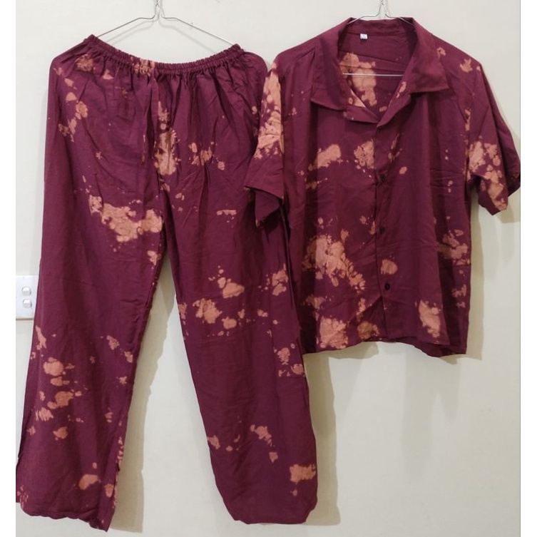One Set Setelan Tie Dye Bali Kemeja Lengan Pendek - ONE SET Piyama Tie Dye Wanita & Pria GROSIR-STC MaroonAbu