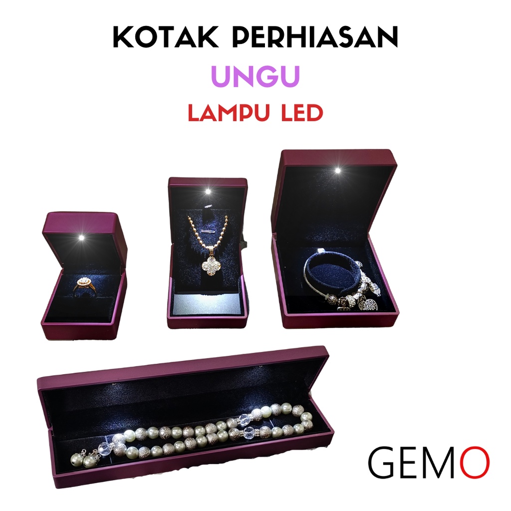 Kotak Perhiasan Berlampu Warna Ungu Set / Cincin / Liontin / Gelang / Kalung Koye / Jewelry Box Tempat Perhiasan Lampu LED Murah Cocok Untuk Gift / Hadiah, Lamaran, Mahar Pernikahan, Hantaran Tunangan, Seserahan Pernikahan