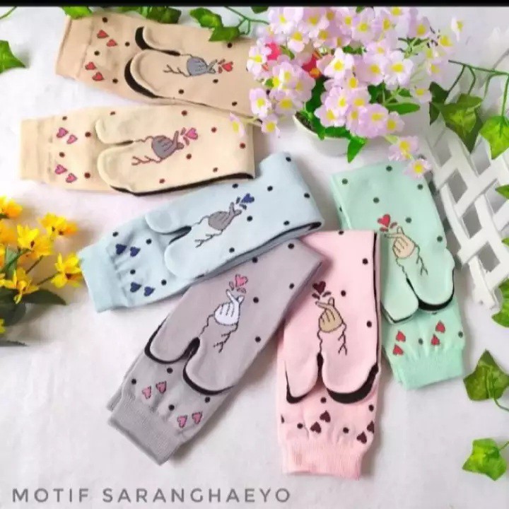 Kaos kaki wanita hijab muslimah jempol motif saranghae kaus kaki tapak hitam saranghaeyo