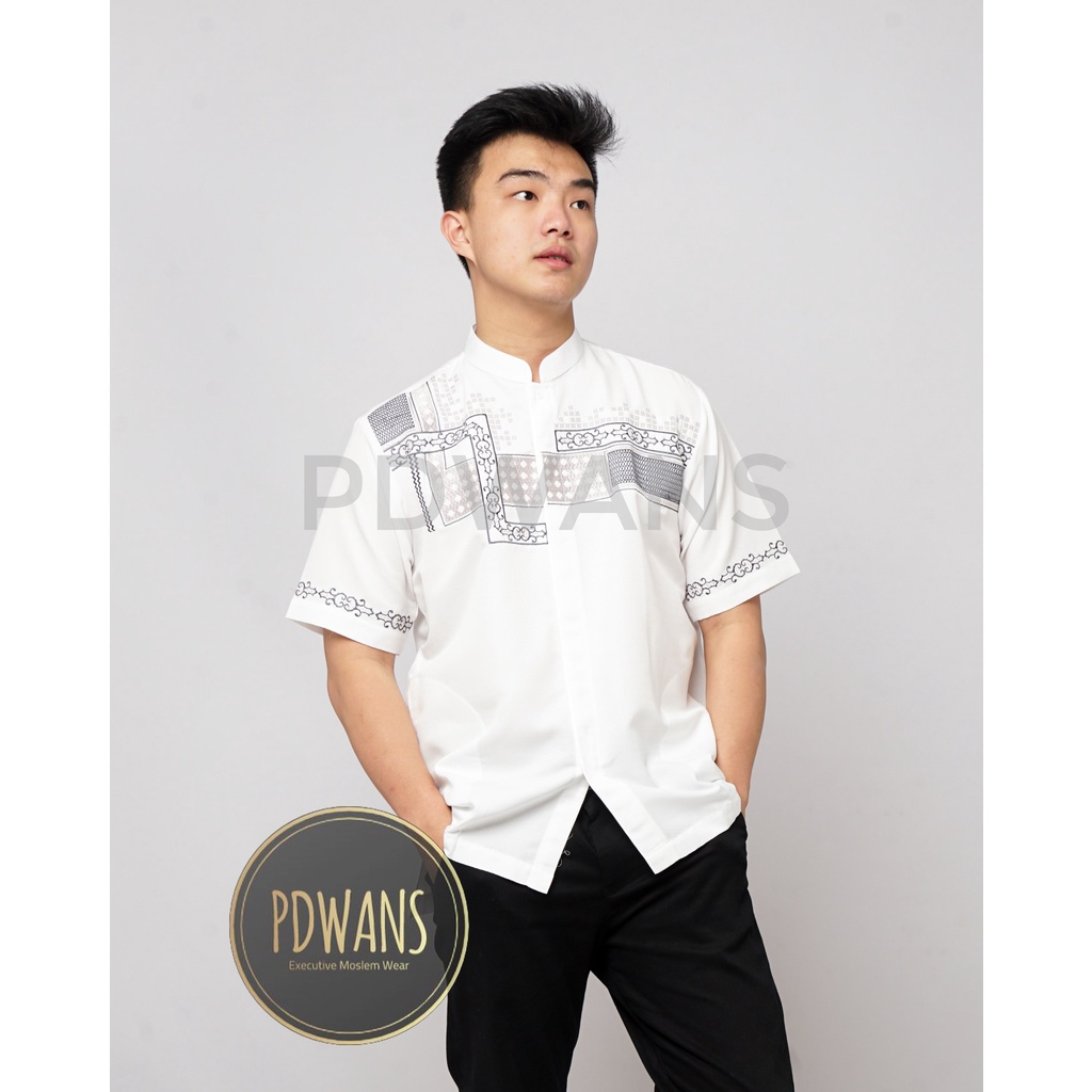 Baju Koko Muslim Lengan Pendek Putih Bordir M L XL PDWANS - ALS19