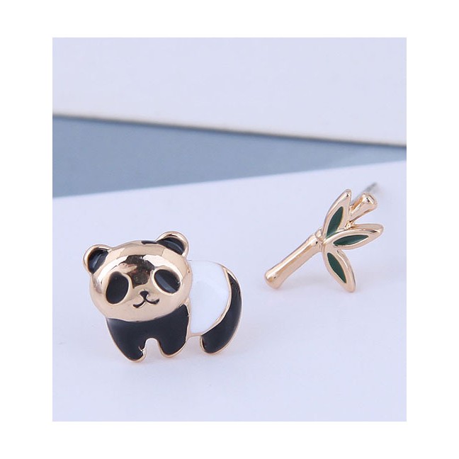 LRC Anting Tusuk Fashion Black Panda Bamboo Asymmetric Stud Earrings A60194