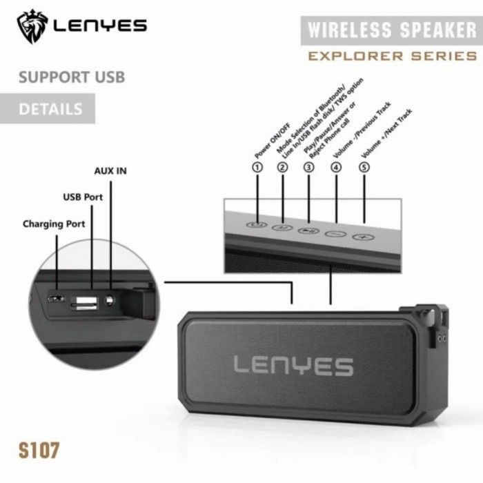 Speaker Bluetooth Original 100% Lenyes S107 Waterproof Wireless Grosir