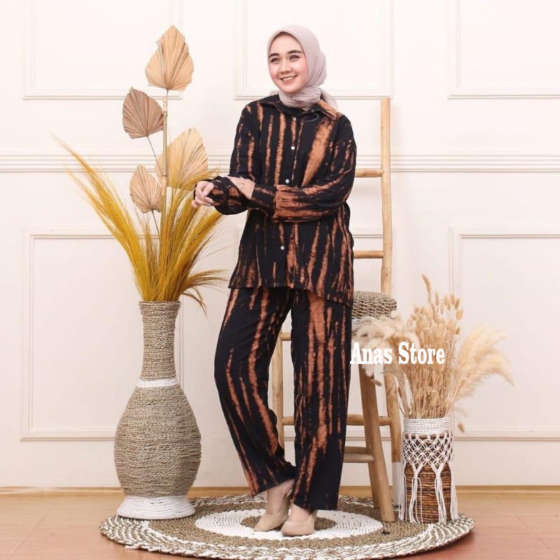 One Set Rayon Tie Dye Gelap Setelan Tie Dye One Set Rayon Super Lengan Panjang Motif Salur