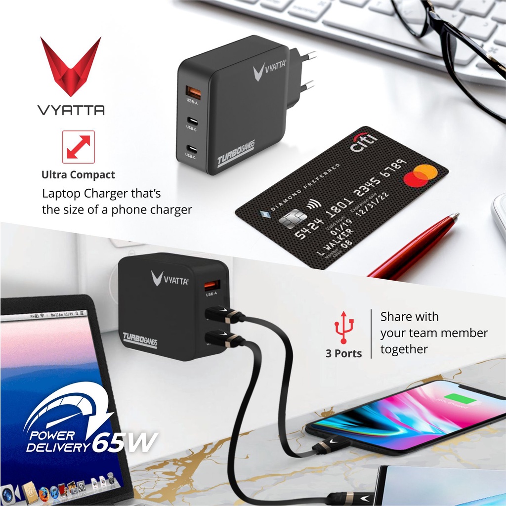 VYATTA TURBO GAN 65W FAST CHARGER PD 2 POWER DELIVERY TYPE C QC FAST CHARGER IPHONE SAMSUNG OPPO MACBOOK