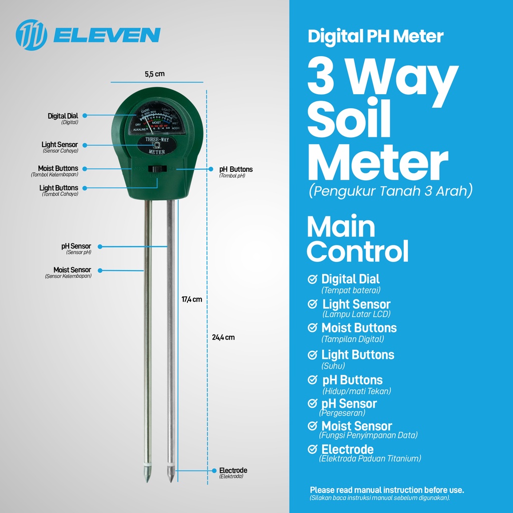 3 Way Soil Meter Moist Light Ph Moisture Analyzer Alat Ukur Tanah