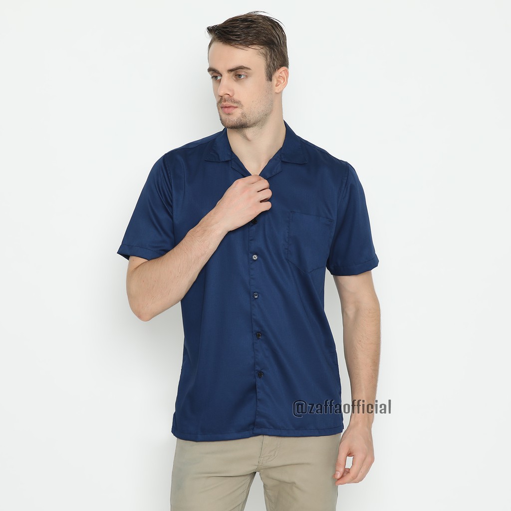 Zaffa Kemeja Polos Pria Lengan Pendek Basic Kerah Pantai Katun Toyobo Hitam Navy Mustard Maroon Bowling Shirt Casual Cowok Navy Z-1015