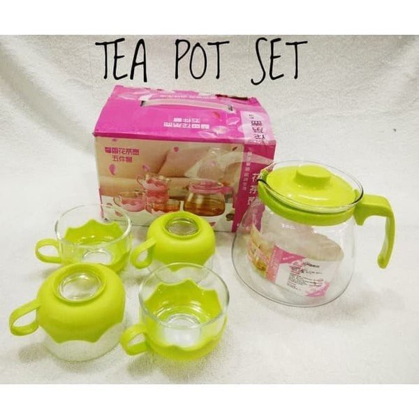 Tea Pot Set 5 in 1 Tempat Minum Teh Teko Set Cangkir Kaca Teapot gelas cafe souvenir kado cantik new