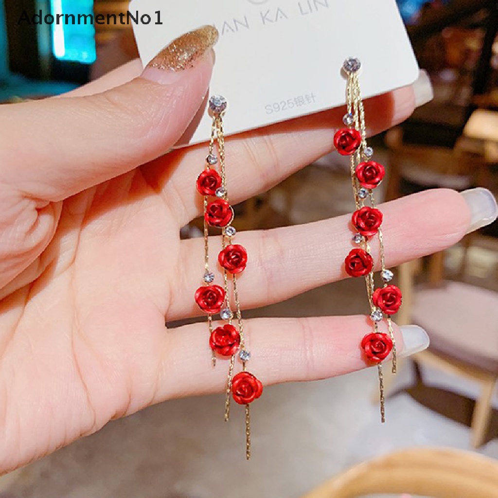 (AdornmentNo1) Anting Gantung Panjang Kait Motif Kelopak Bunga + Rumbai Untuk Perhiasan Wanita / Pernikahan