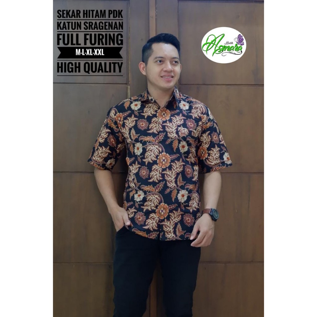 SEKAR HITAM Kemeja Batik Pria Lengan Pendek Katun Halus FULL FURING Batik Asmara