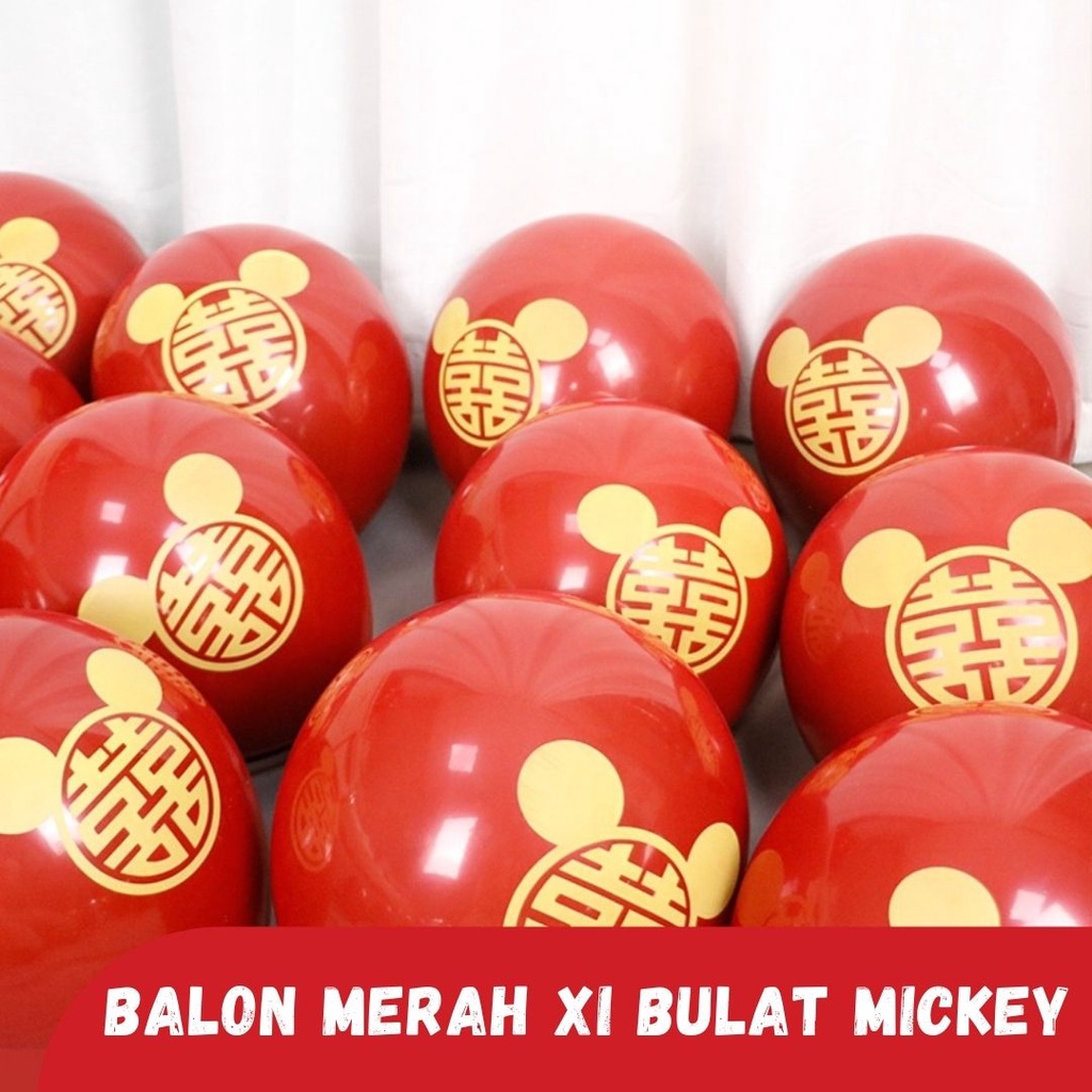 Balon Merah Pesta bahan tebal dengan Logo Mickey Mouse Emas isi 10pcs