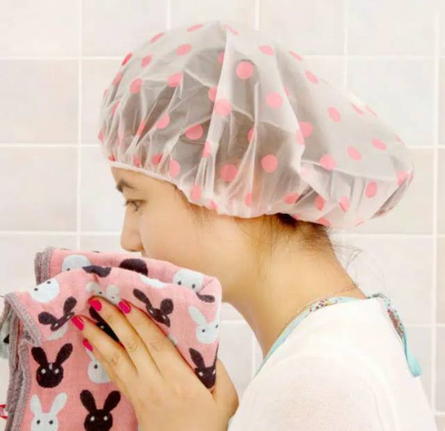 Shower Cap Tebal  Penutup Rambut Desain Polkadot Transparan Anti Air untuk Kamar Mandi