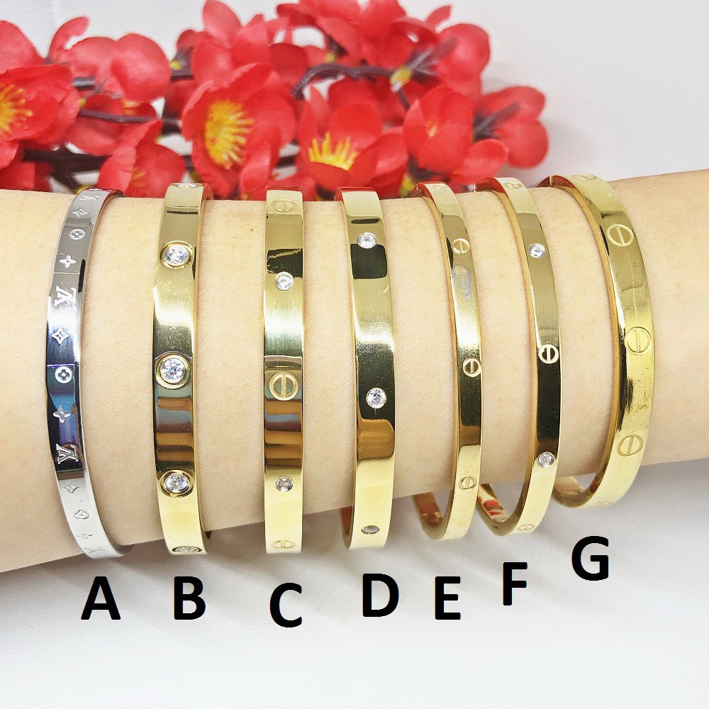 Gelang Bangle Titanium Silver Gold Polos Paku Keroncong Mata Putih - BB388