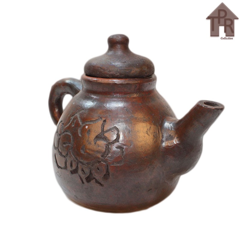 Gerabah - Poci Tanah Liat Mini Ukir Bunga / Tea Pot 500ml.