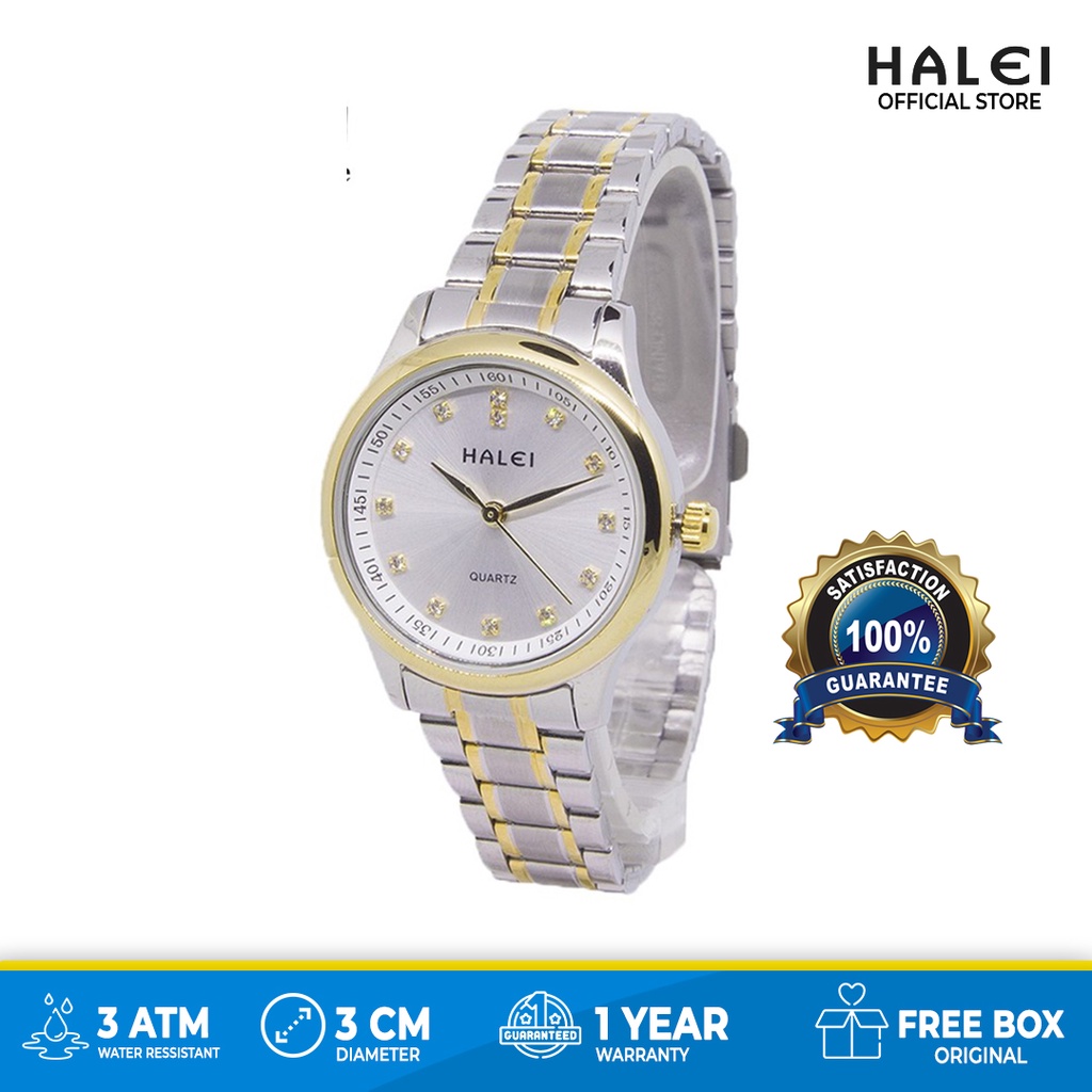 Halei Official Jam Tangan Wanita Haleiwatch Original Keren Elegant Kombinasi SilverGold Permata 539