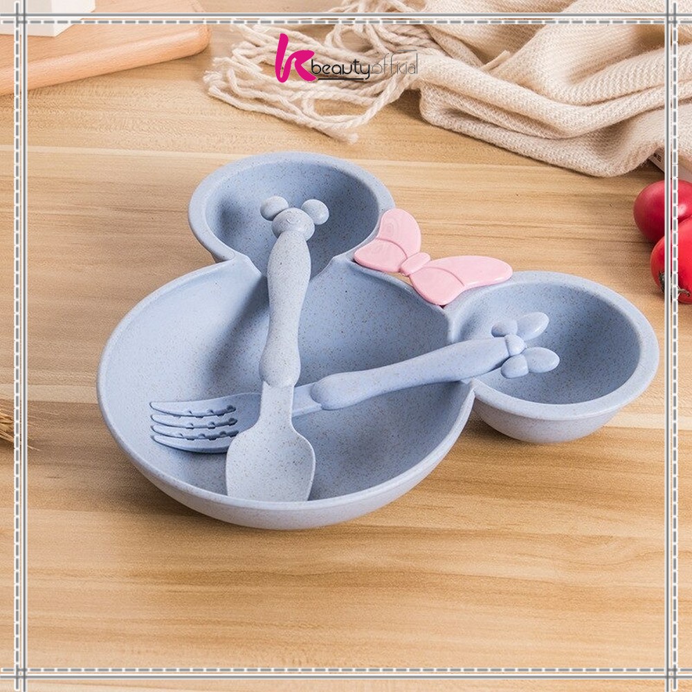 KB-C373 Piring Makan Anak Karakter Miki Set Sendok Garpu / Mangkok Makan Wheat Straw / Tempat Makan Anak Set / Mangkuk Makan Bayi Bahan Jerami Gandum-6
