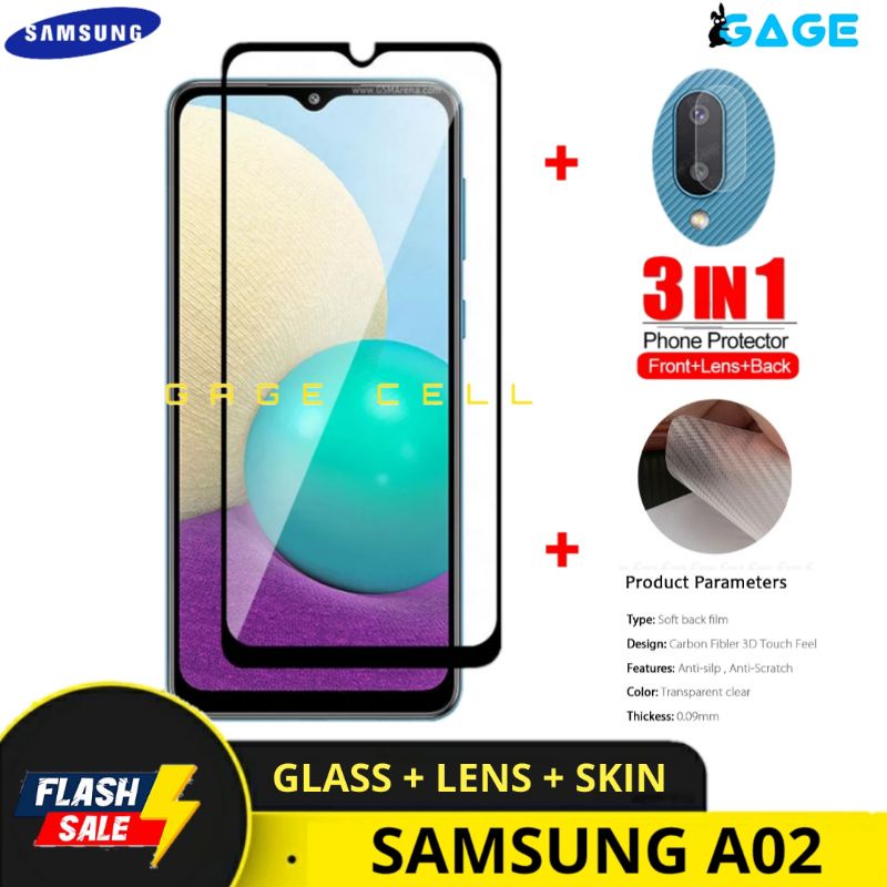 PROMO 3IN1 TEMPERED GLASS LAYAR KAMERA SKIN CARBON SAMSUNG A02 TG ANTI GORES FULL SCREEN GUARD