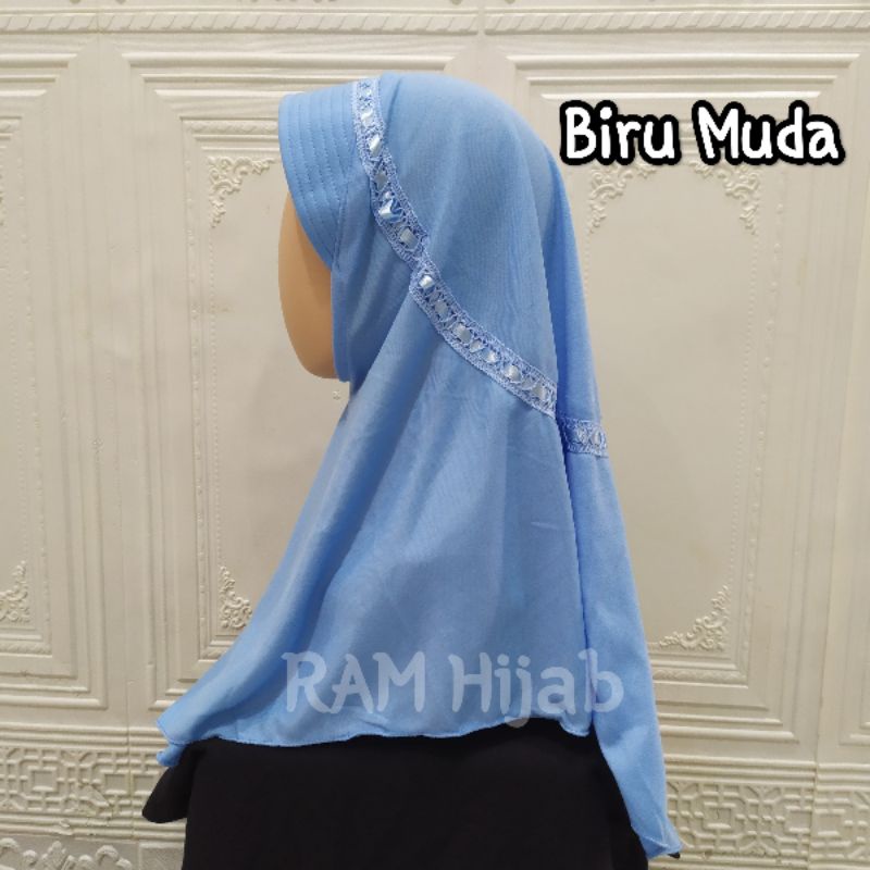 ram hijab kerudung jilbab instan bergo anak sekolah TK SD SMP serut pita atas warna biru muda