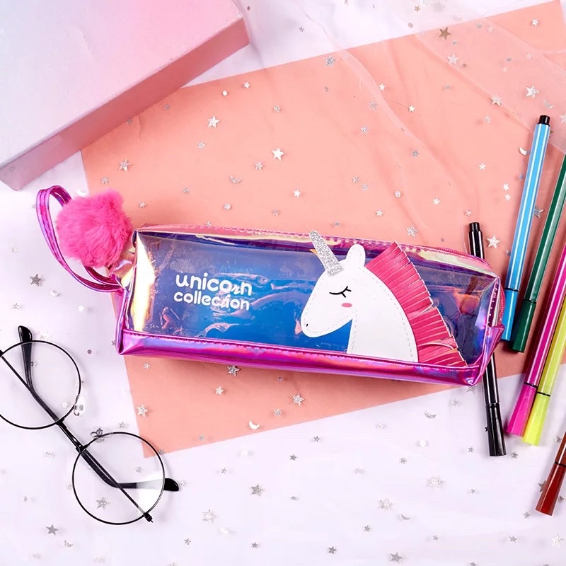 TEMPAT PENSIL DOMPET PENSIL METALIK UNICORN - PENCIL CASE METALLIC SHINY 3D TRANSPARANT CLEAR / KOTAK PENSIL KUDA PONY / TEMPAT PENSIL ANAK