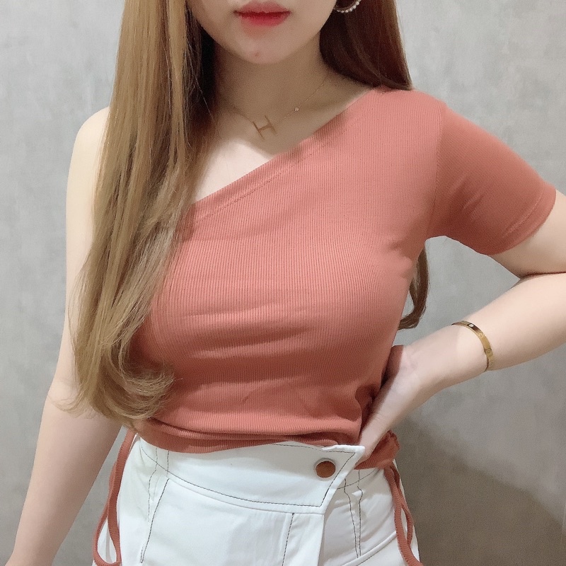 One Shoulder Knit Top | Kaos Atasan Wanita Tali Serut Korean Fashion | Maimon Grosir