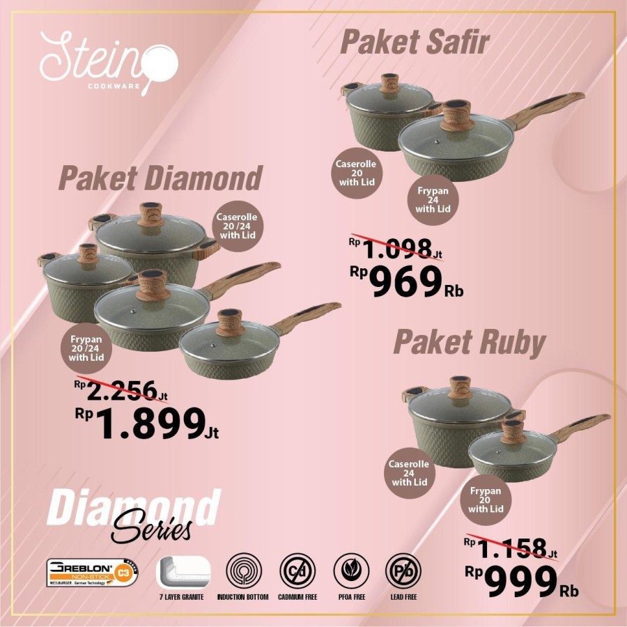 Panci Set - Paket Daimond ( Isi 4 pcs ) - Steincookware + BONUS MOP