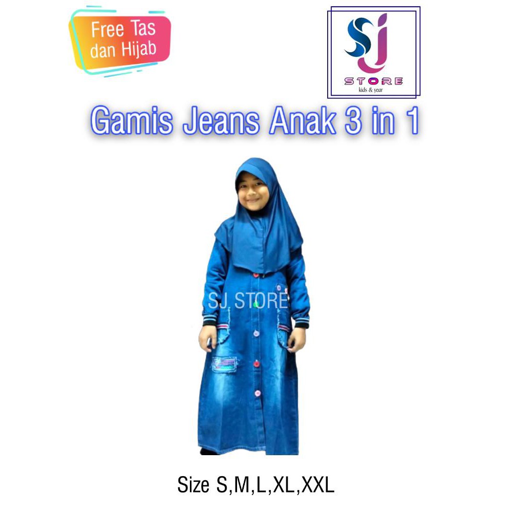 GAMIS ANAK - DRES ANAK JEANS 3IN1 FRE HIJAB + TAS 2 - 12 TAHUN TERBARU