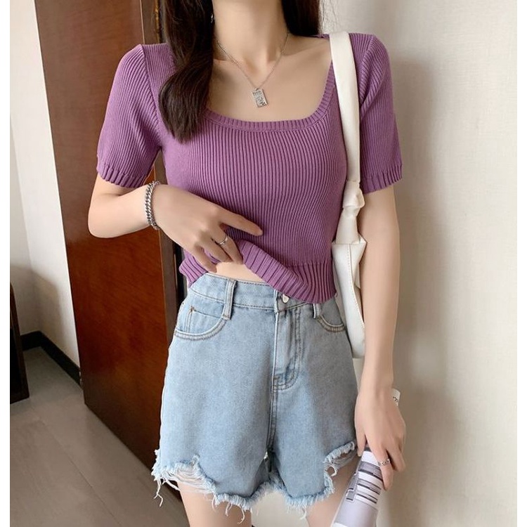 #Sisjuly# Musim Semi Putih Kemeja Wanita Gugur dan Musim Dingin Memakai Batin Tipis Ketat Square Kerah Lengan