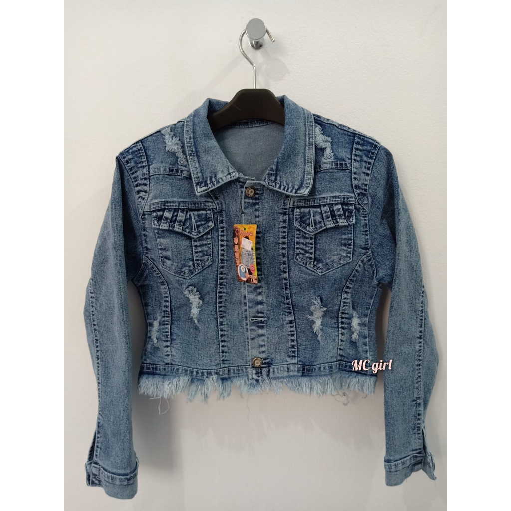 MC girl - Jaket Jeans Gambar Crop Sobek Rawis / Jacket Denim Body Pendek Ripped Rumbai