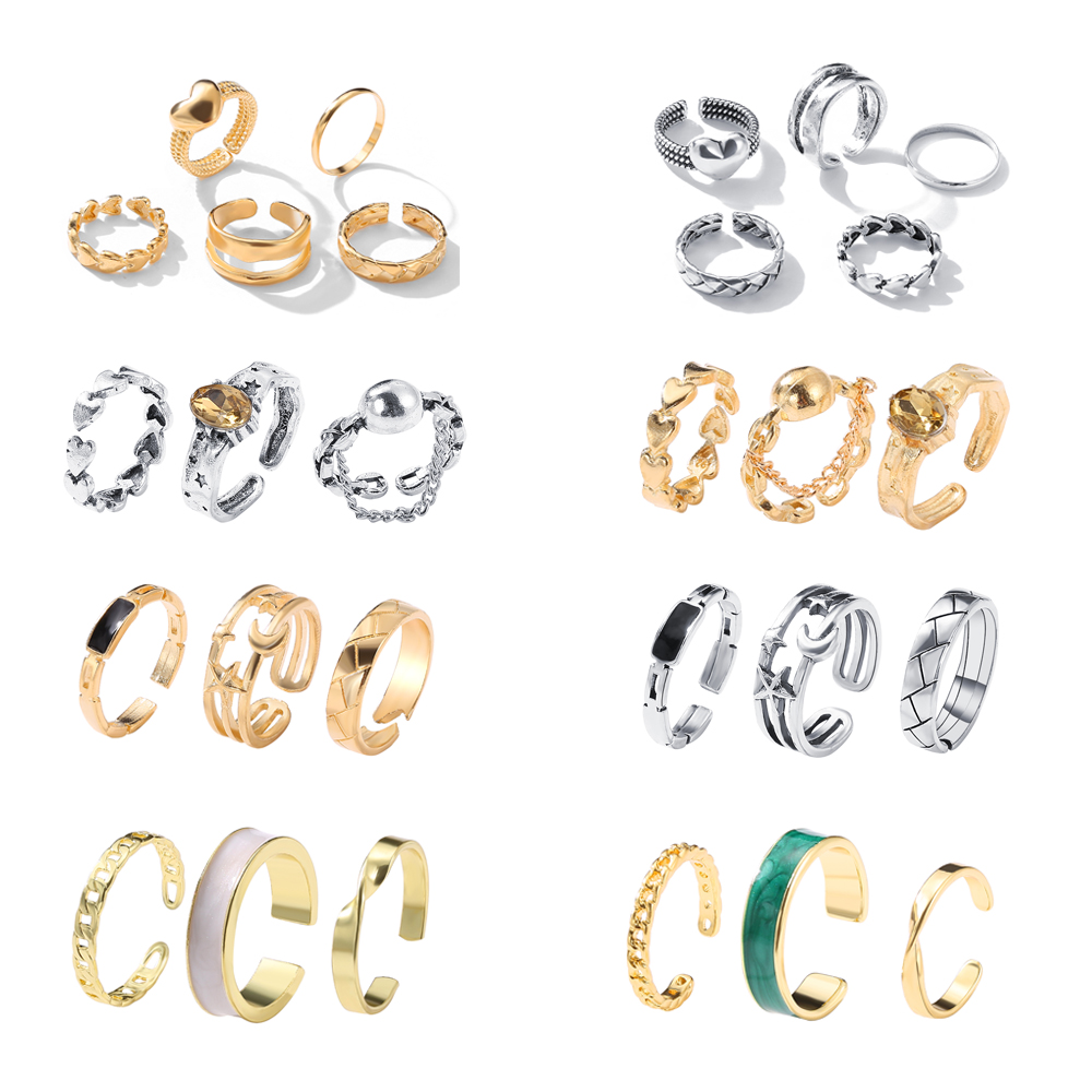 YEEZII Set Cincin Model Terbuka Bentuk Geometris Warna Emas Gaya Retro Untuk Wanita