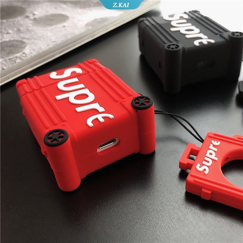 Case Silikon Bentuk Koper Desain Supreme Dengan Gantungan Kunci Untuk AirPods 1 2 3 Pro