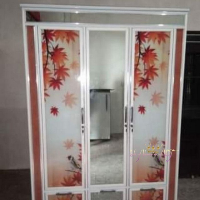 Lemari Pakaian / Baju Motif Unik Pintu 2 Bahan Alumunium Kaca