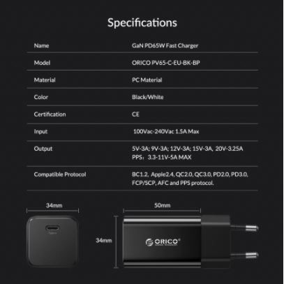 Travel Charger wall orico Usb type-c pd 3.0 5a 65w fast charging for android iphone ipad tab pv65-c