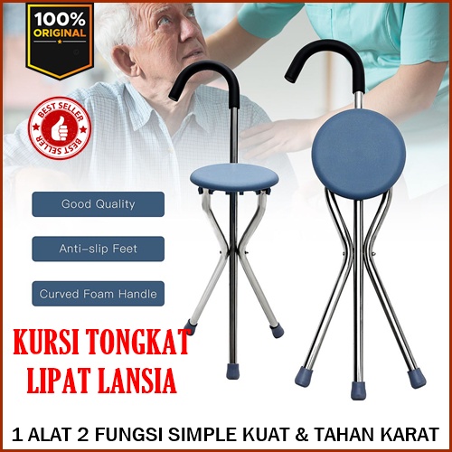 Tongkat alat bantu jalan tongkat kursi duduk lipat kaki 3 terbaik aman praktis termurah
