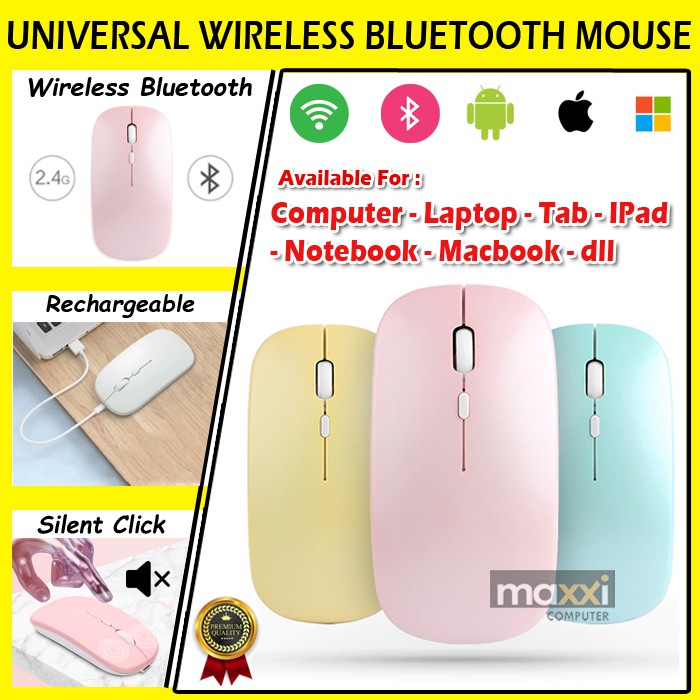 Wireless Bluetooth Mouse Silent Click Warna Lucu Pink Kuning Tosca iPad Tab Samsung Laptop Macbook