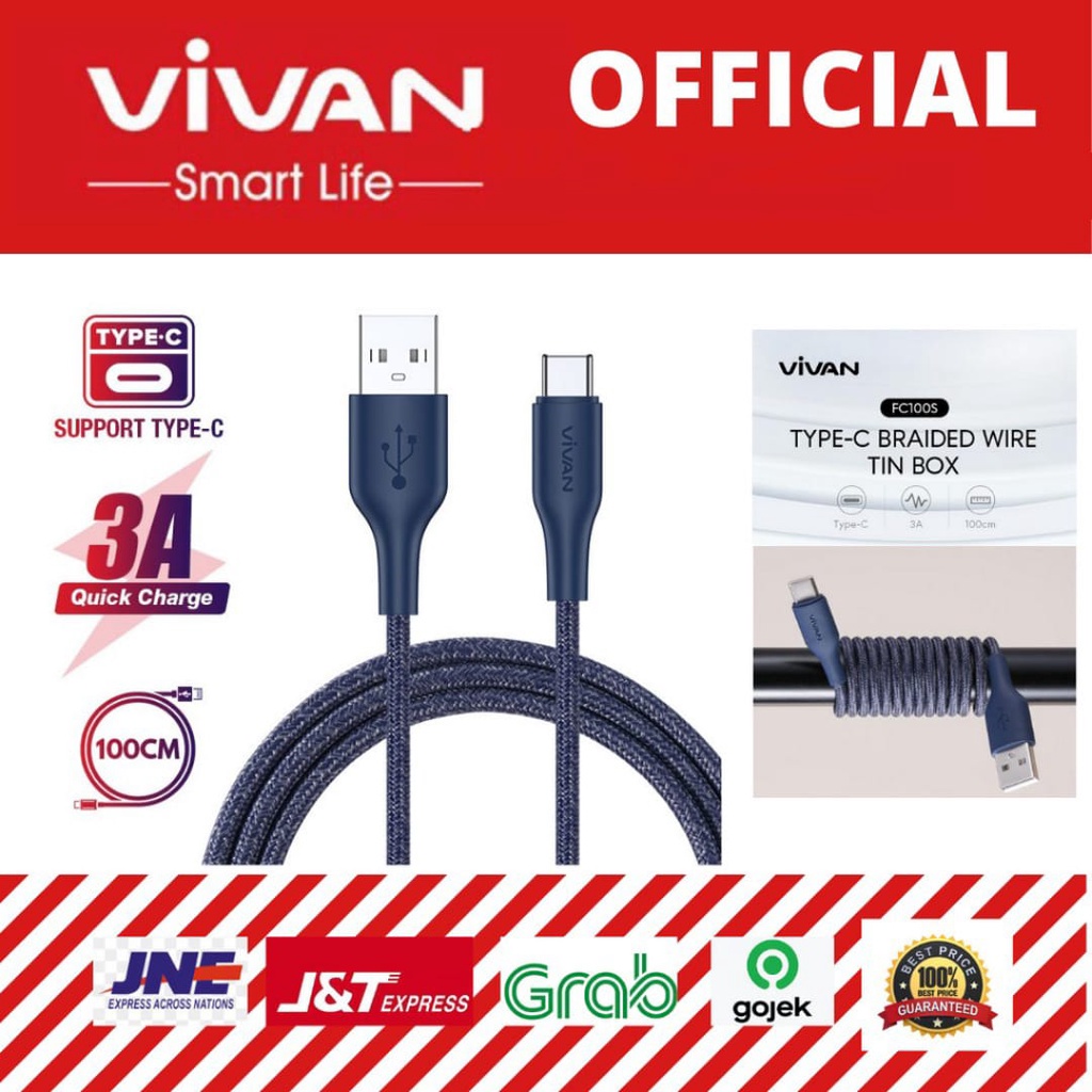 Kabel Data Vivan FC100s 3A 100cm Type-c Braided Wire Tin Box