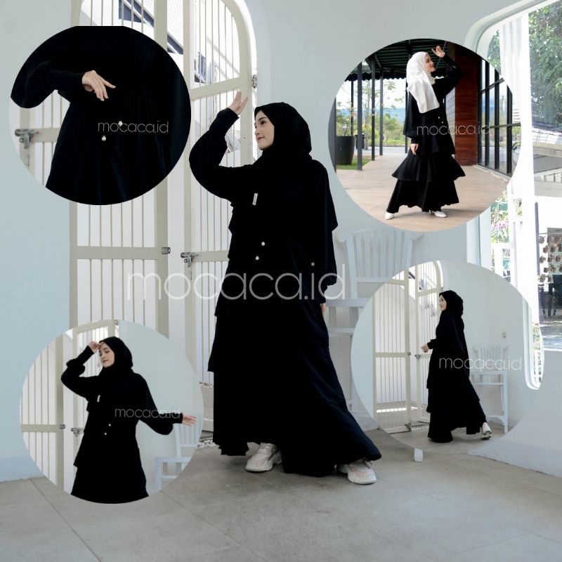 gamis susun hitam jetblack jet black pekat premium tidak nerawang bisa syari  sudah 1 set dengan pashmina jumbo busui friendly kancing lengan lebar limited edition