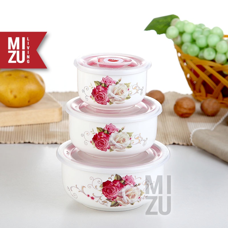 TREUNA 3in1 SET Mangkok Keramik Susun Tutup Anti-Bocor Ceramic Bowls Leak-Proof Cover