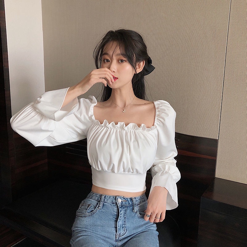 Shifon blus fairy ruffled square collar waist puff lengan kemeja pendek lengan panjang top wan