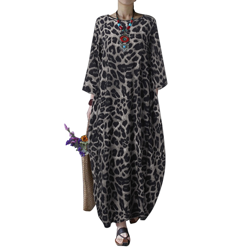 ZANZEA Women Long Sleeve Leopard Print Plus Size Long Dress