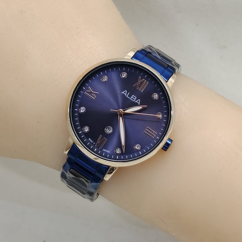 JAM TANGAN WANITA ALBA P85 RANTAI TANGGAL AKTIF DM 3.5CM FREE BOX  || JAM TANGAN FASHION WANITA ALBA