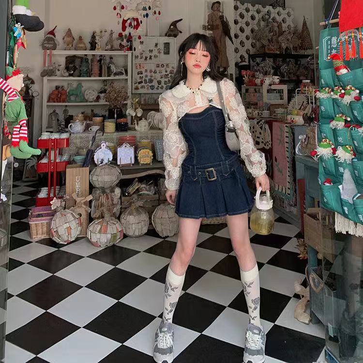 Musim panas baru setengah baya gadis panas desain rasa ceruk menggantung leher gaun denim wanita ram