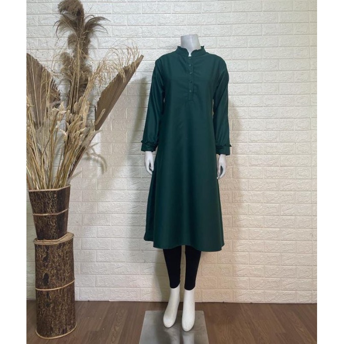 tunik toyobo premium hijau botol 112 kerah Shanghai rempel full kancing