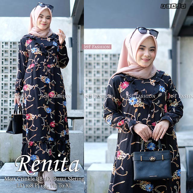 Renita Midi Dress Motif Kekinian Crinkle Pompom Premium Terbaru Busui Sleting Uragiri 3D Premium Jes