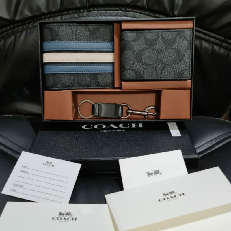 Dompet Lipat Pria Wanita Coach Leather Original stripe biru putih ori keren murah lengkap box bagus