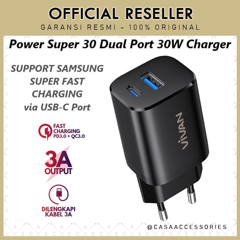 Vivan Power Super 30 Dual Port 30W Charger Samsung Super Fast Charging